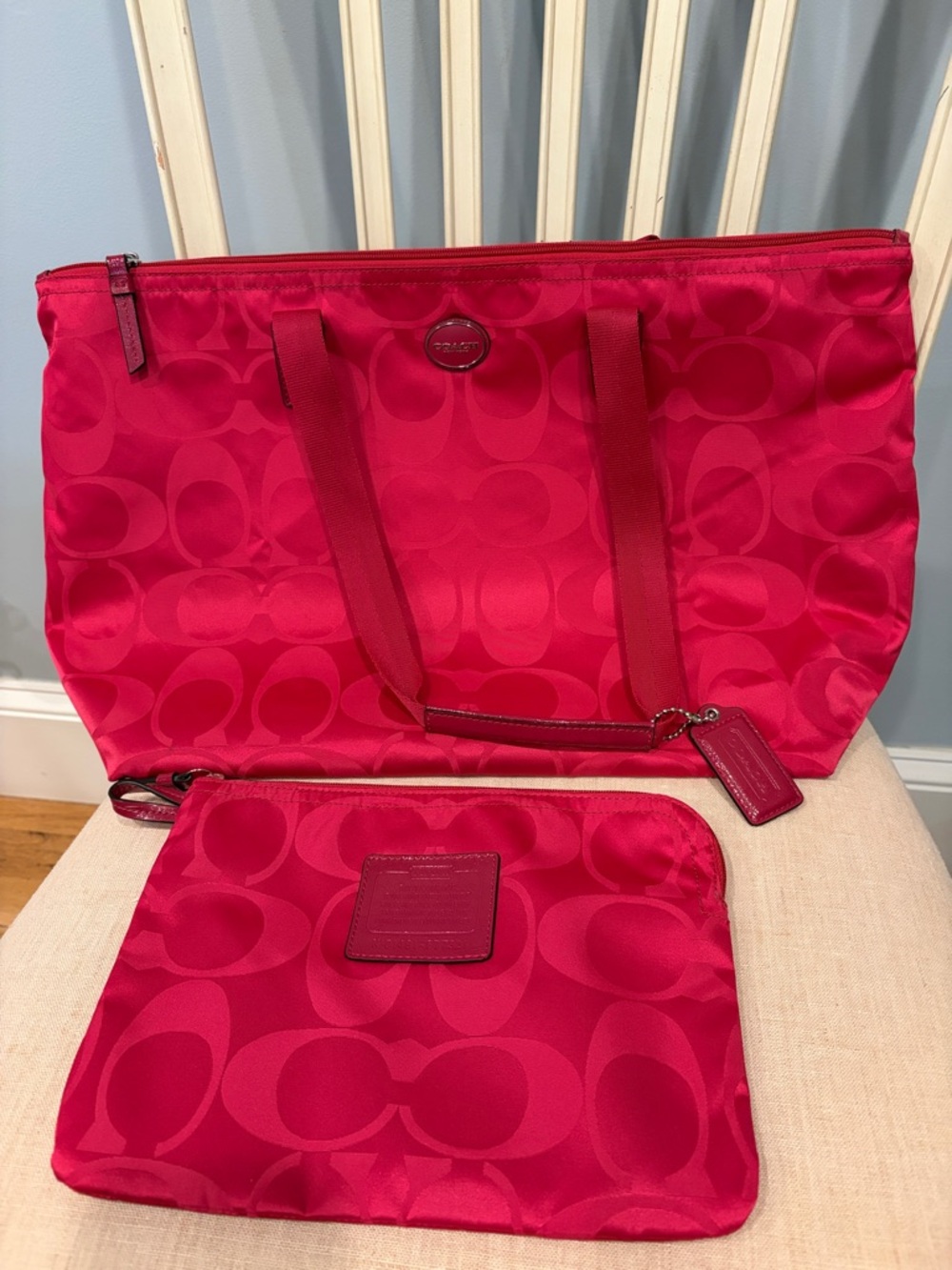 Coach Pink Signature Tote with Matching Pouch travel bag